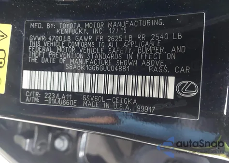 2016 Lexus Es 350 from USA, damaged, VIN 58ABK1GG6GU004881